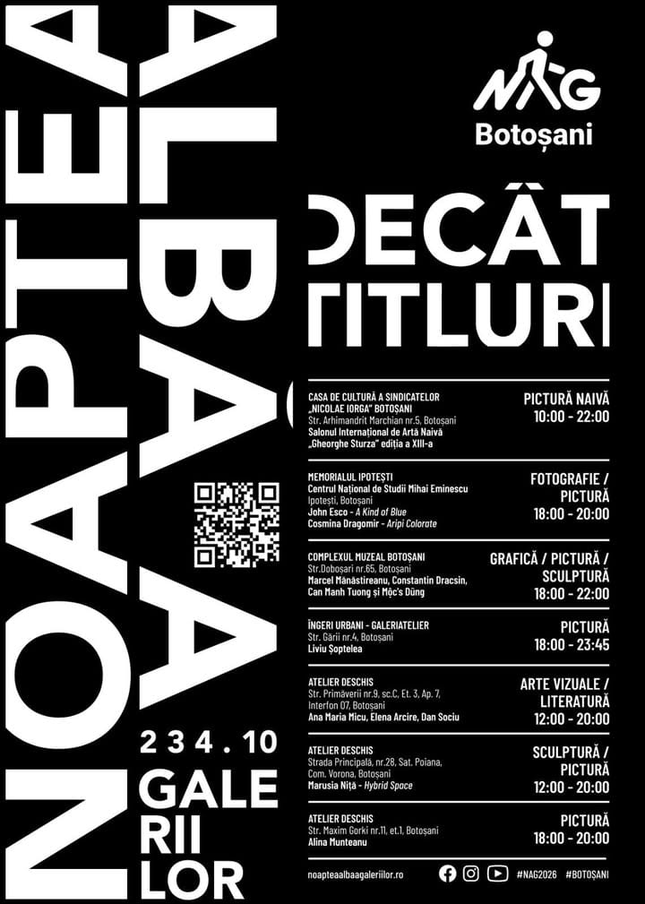 NAG 2026 ajunge la Botoșani. 7 spații, 12 artiști și participanți nominalizați, pictură, fotografie, sculptură, instalație, literatură și artă naivă, într-un traseu care leagă municipiul Botoșani de Ipotești și Vorona.